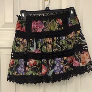 Black Floral Lace-Trim Skater Skirt
